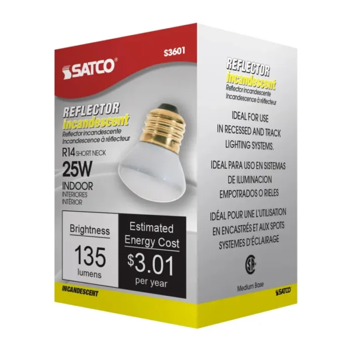 Satco S3601 - 25 Watt R14 Stubby Incandescent; Clear; 1500 Average rated hours; 135 Lumens; Medium base; 120 Volt - Image 1