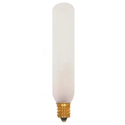 Satco S3715 15 Watt T6 Incandescent; Frost; 2500 Average rated hours; 90 Lumens; Candelabra base; 120 Volt