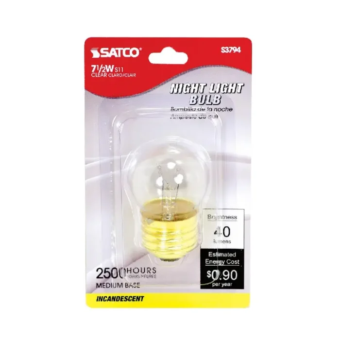 Satco S3794 7.5 Watt S11 Incandescent; Clear; 2500 Average rated hours; 40 Lumens; Medium base; 120 Volt; Carded - Image 1