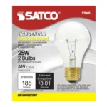 Satco S3940 - 25 Watt A19 Incandescent; Clear; 2500 Average rated hours; 170 Lumens; Medium base; 130 Volt; 2/Pack - Image 3