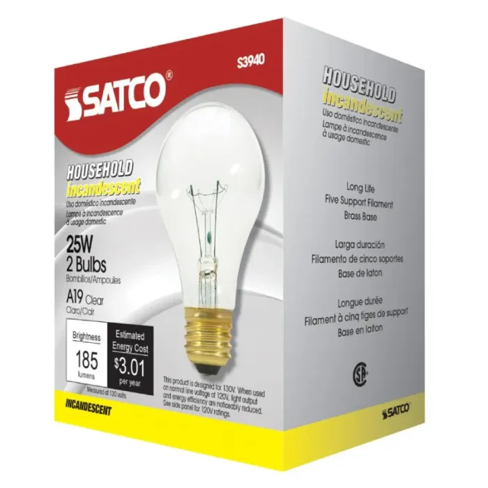 Satco S3940 - 25 Watt A19 Incandescent; Clear; 2500 Average rated hours; 170 Lumens; Medium base; 130 Volt; 2/Pack - Image 1