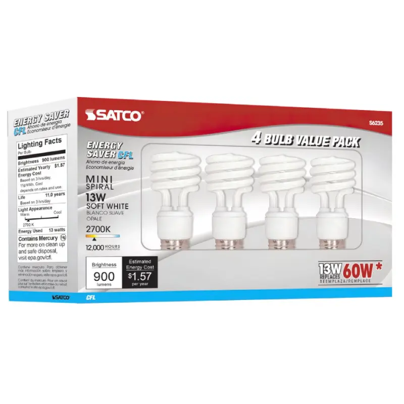 S6235 Satco S6235 - 13 Watt; Mini Spiral Compact Fluorescent; 2700K; 82 CRI; Medium base; 120 Volt; 4-pack - Image 1