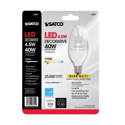 Satco S8951 - 4.5 Watt; B11 LED; 2700K; Candelabra base; 120 Volt
