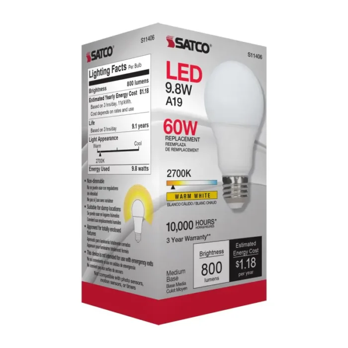 Satco S11406 9.8 Watt; A19 LED; 2700K; Medium base; 220 deg. Beam Angle;120 Volt - Image 1