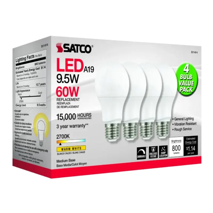 Satco S11414 9.5 Watt A19 LED; 2700K; Dimmable; Medium base; 230 deg. Beam Angle; 4-pack - Image 1