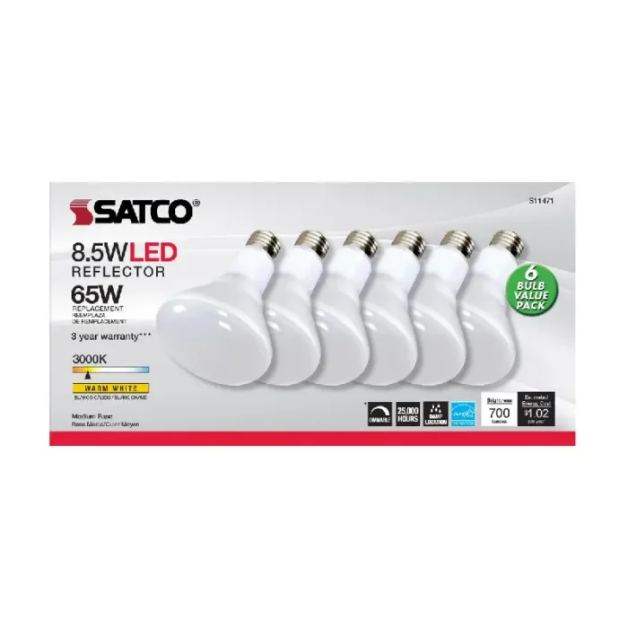 Satco S11471 8.5 Watt; BR30 LED; 3000K; 80 CRI; Medium Base; 120 Volts; Dimmable; 6-pack - Image 1
