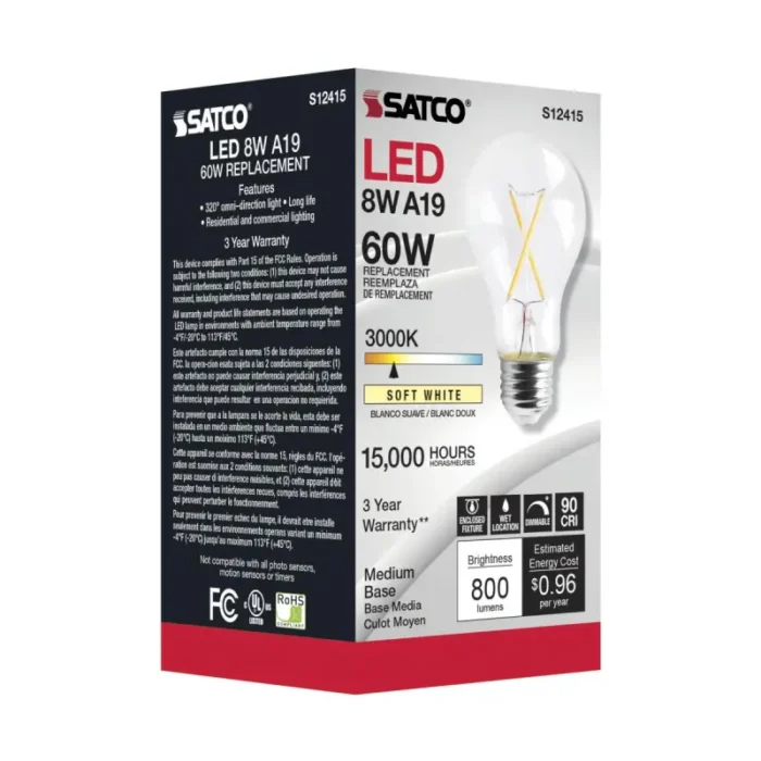 Satco S12415 8 Watt LED A19; Clear; Medium Base; 3000K; 90 CRI; 120 Volt - Image 1