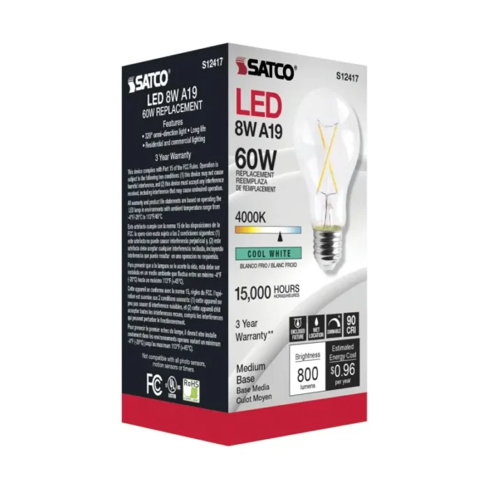 Satco S12417 8 Watt LED A19; Clear; Medium Base; 4000K; 90 CRI; 120 Volt - Image 1