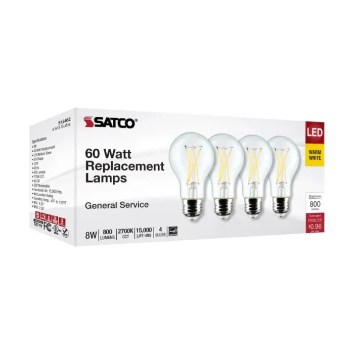 Satco S12462 8 Watt A19 LED; Clear; 2700K; Medium Base; 120 Volt; 4-Pack - Image 1