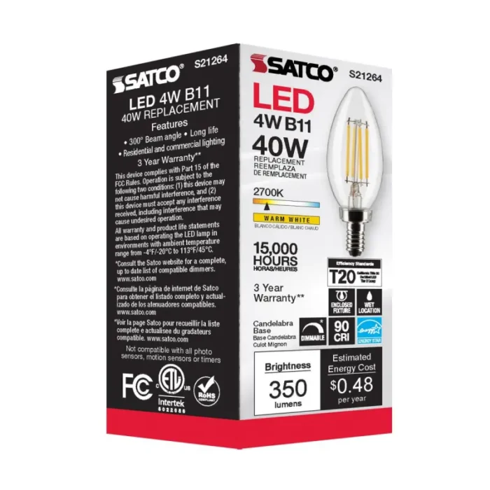 Satco S21264 4 Watt B11 LED; Clear; Candelabra base; 90 CRI; 2700K; 120 Volt - Image 1