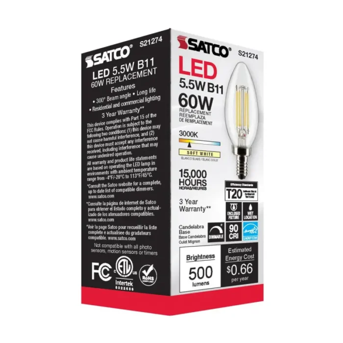 Satco S21274 5.5 Watt B11 LED; Clear; Candelabra base; 90 CRI; 3000K; 120 Volt - Image 1