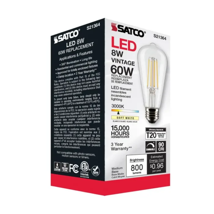Satco S21364 8 Watt ST19 LED; Clear; Medium base; 90 CRI; 3000K; 120 Volt - Image 1