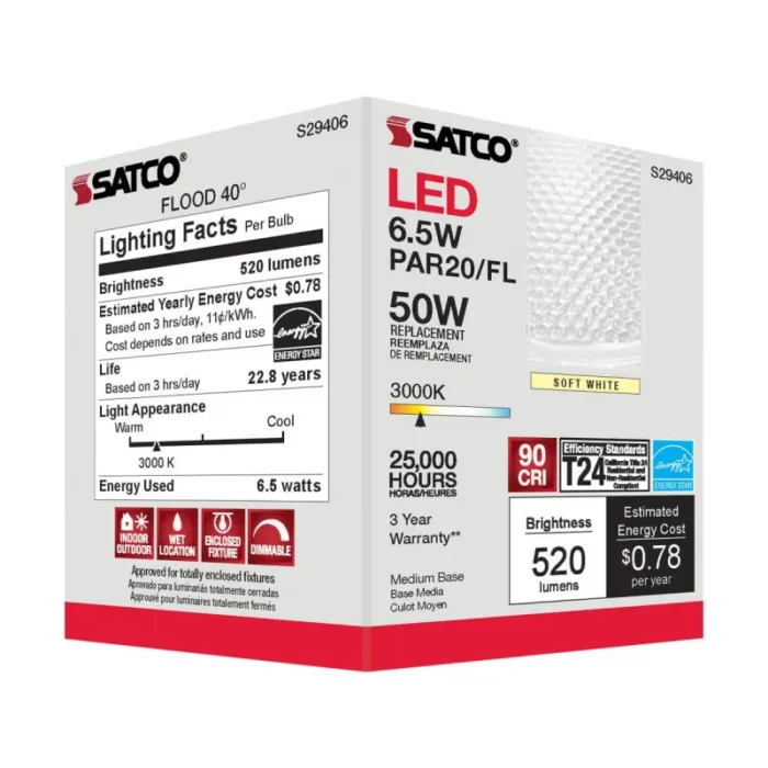Satco S29406 6.5 Watt; PAR20 LED; 3000K; 40 deg. Beam Angle; Medium base; 120 Volt - Image 1