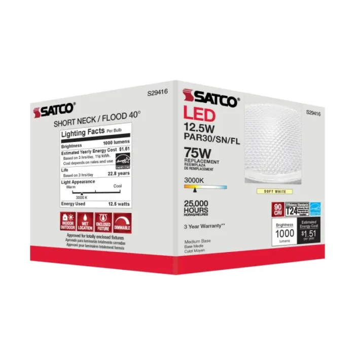 Satco S29416 12.5 Watt; PAR30SN LED; 3000K; 40 deg. Beam Angle; Medium base; 120 Volt - Image 1