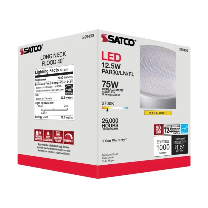 Satco S29430 12.5 Watt; PAR30LN LED; 2700K; 40 deg. Beam Angle; Medium base; 120 Volt - Image 1