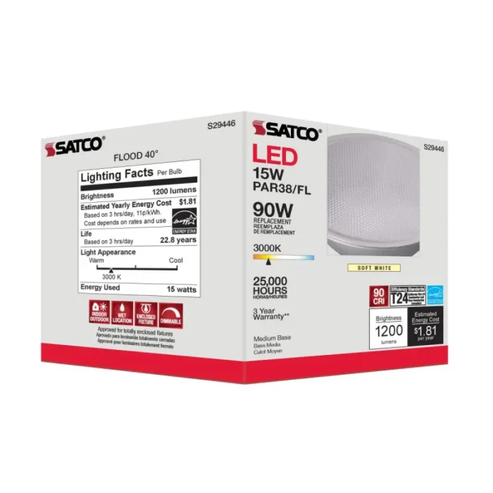 Satco S29446 15 Watt; PAR38 LED; 3000K; 40 deg. Beam Angle; Medium base; 120 Volt - Image 1
