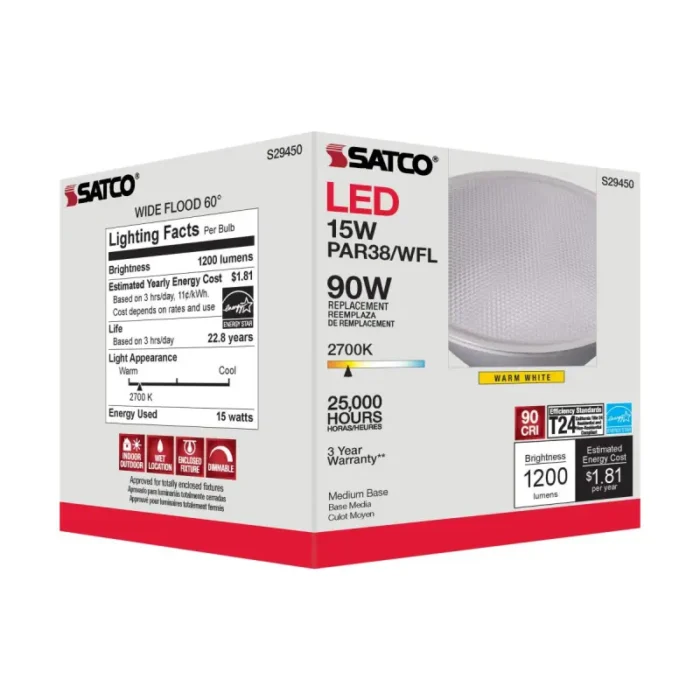 Satco S29450 15 Watt; PAR38 LED; 2700K; 60 deg. Beam Angle; Medium base; 120 Volt - Image 1