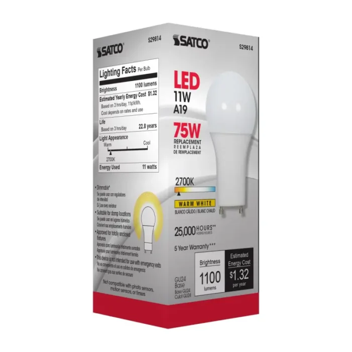 Satco S29814 11 Watt; A19 LED; 2700K; GU24 base; 220 deg. Beam Angle; 120 Volt - Image 1