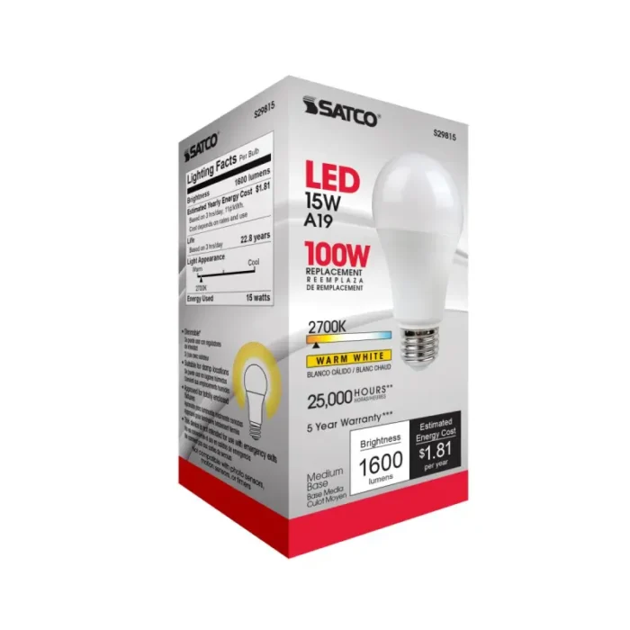 Satco S29815 15 Watt; A19 LED; Frosted; 2700K; Medium base; 220 deg. Beam Angle; 120 Volt - Image 1