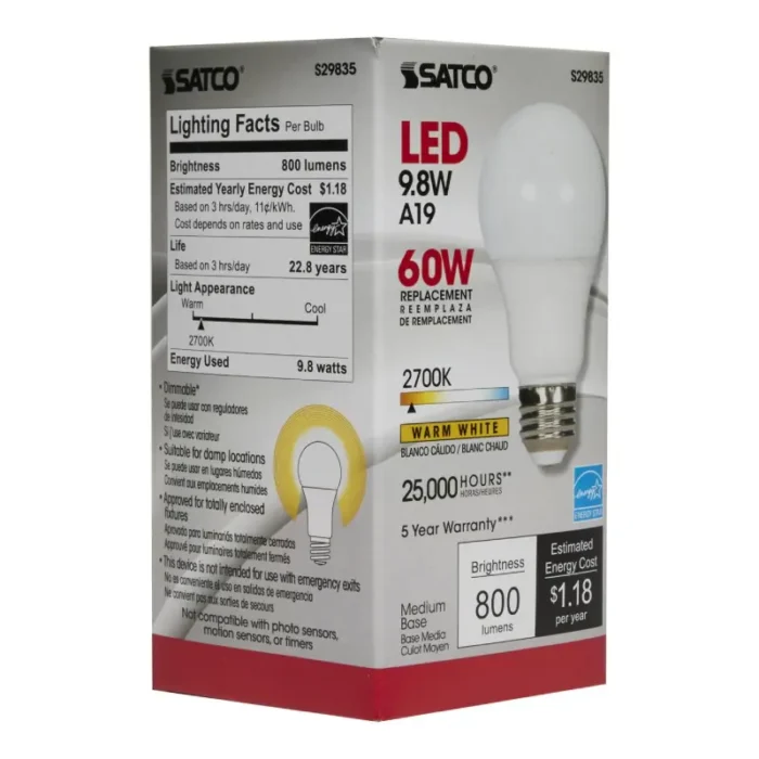 Satco S29835 9.8 Watt; A19 LED; 2700K; Medium base; 220 deg. Beam Angle; 120 Volt - Image 1