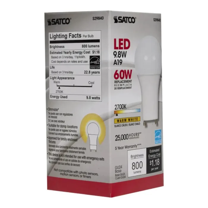 Satco S29840 9.8 Watt; A19 LED; 2700K; GU24 base; 220 deg. Beam Angle; 120 Volt - Image 1