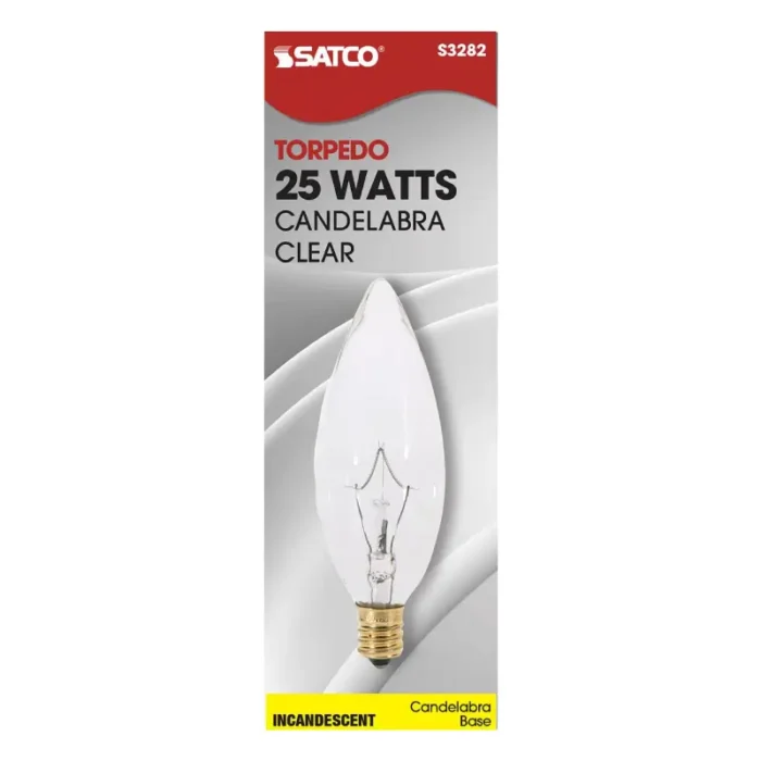 Satco S3282 25 Watt BA9 1/2 Incandescent; Clear; 1500 Average rated hours; 212 Lumens; Candelabra base; 120 Volt - Image 1