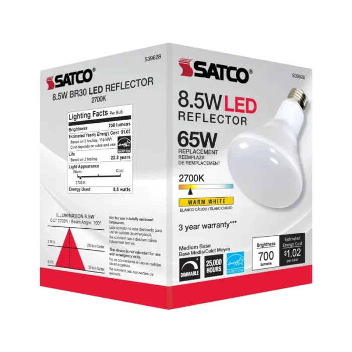 Satco S39628 8.5 Watt; BR30 LED; 2700K; 80 CRI; Medium Base; 120 Volts; Dimmable - Image 1